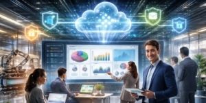 Gráfico cuadrado con iconos de alerta representando un ERP obsoleto.