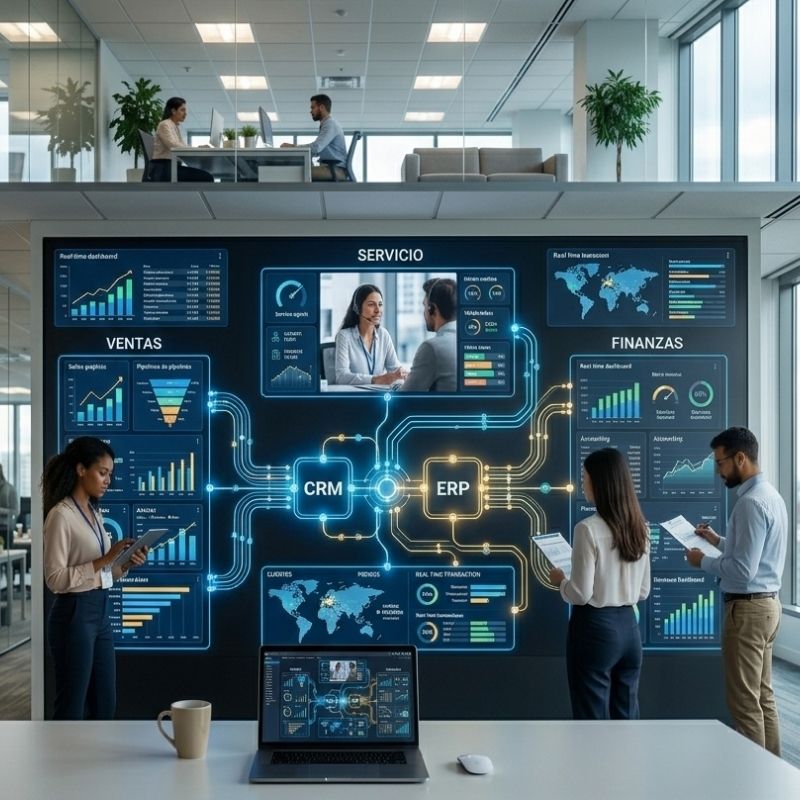 Ilustración corporativa que muestra la integración entre CRM y ERP con flujos conectados.