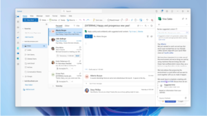 Ilustración mostrando Copilot for Sales dentro de Outlook apoyando la gestión de ventas y servicio.