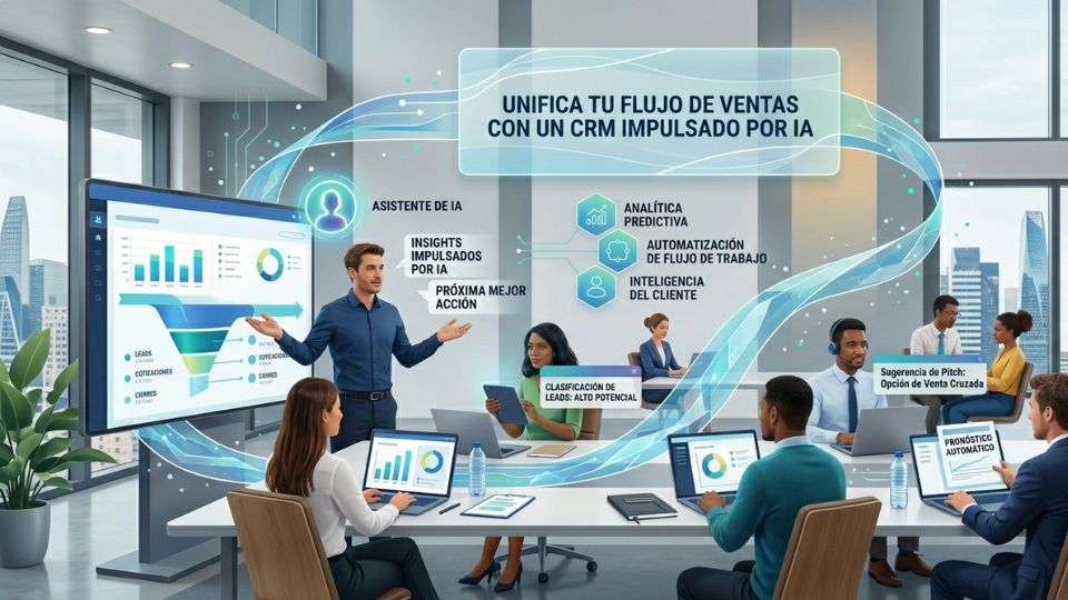 Ilustración ejecutiva de un equipo comercial usando Dynamics 365 Sales con inteligencia artificial.