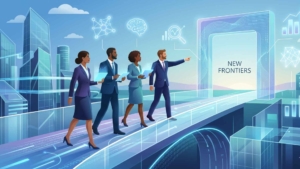 Ilustración conceptual de Frontier Transformation Microsoft con datos, inteligencia artificial y liderazgo empresarial.