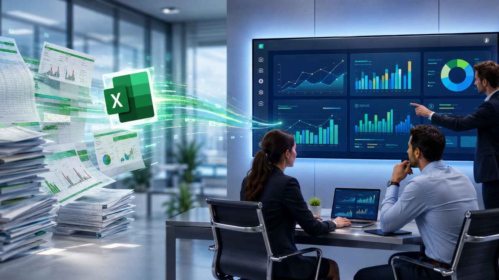 Equipo financiero pasando de hojas de cálculo a plataforma digital con dashboards modernos