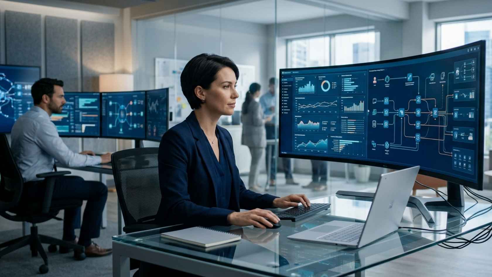 Representación visual de integración entre Dynamics 365 y herramientas de Power Platform en entorno empresarial