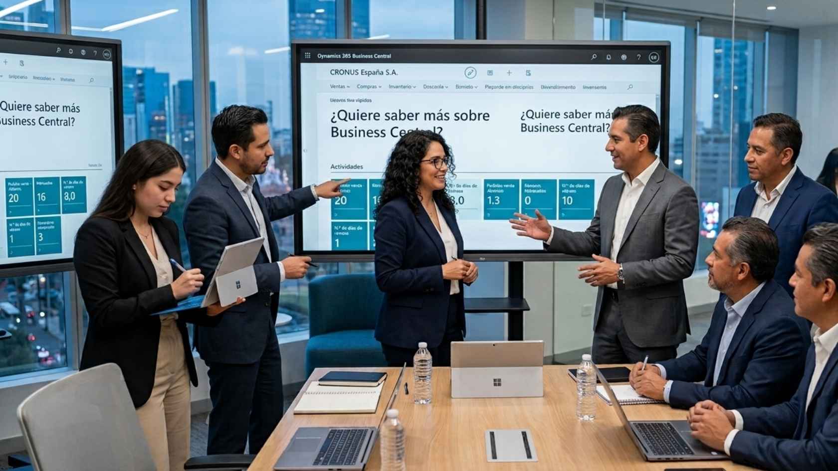 Equipo empresarial colaborando con partner tecnológico en implementación de ERP en oficina moderna