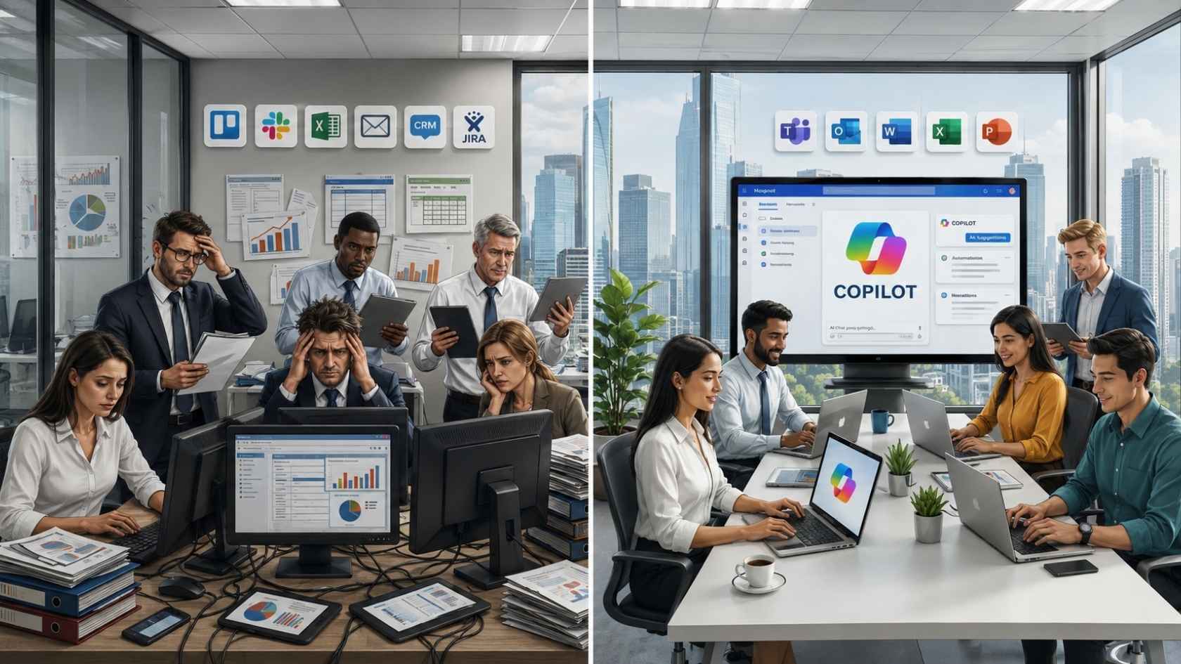 Ilustración de dos equipos de trabajo, uno utilizando Copilot de forma básica con tareas aisladas y otro con flujos automatizados e integración de datos