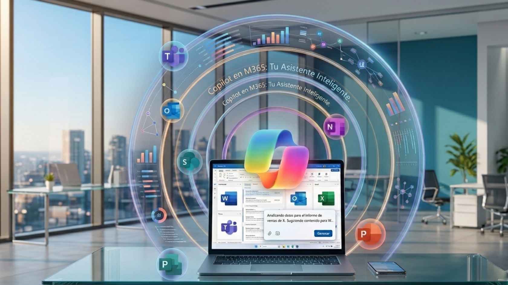 Representación de un entorno de trabajo digital con Copilot asistiendo en Word, Excel, Outlook y Teams
